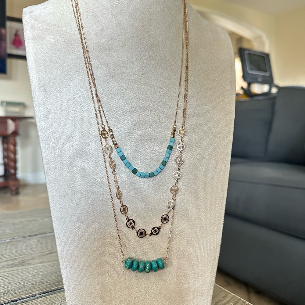 Source Unknown Blue and Gold Necklace with Layered Strands and Turquoise Beads.